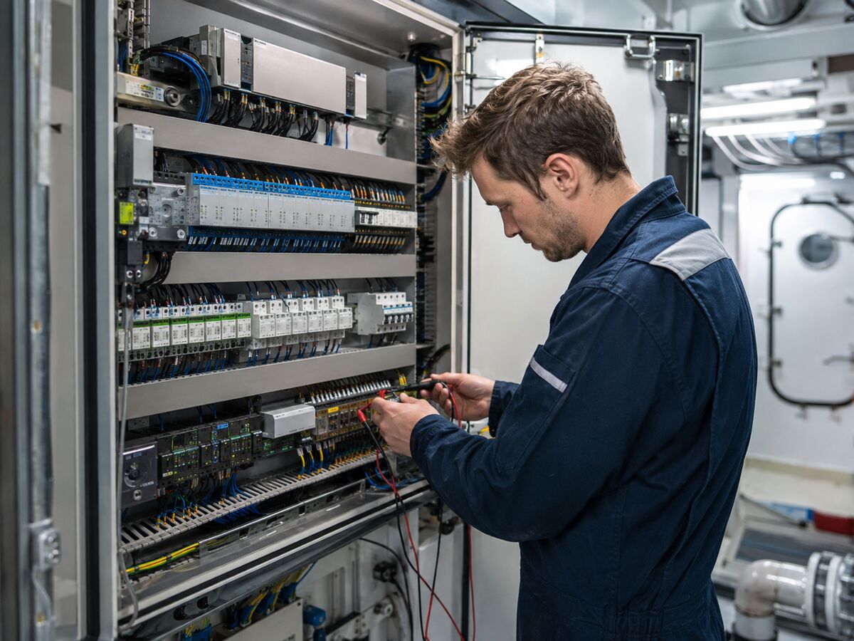 Representative marine electrical technician working on a control panel aboard a vessel